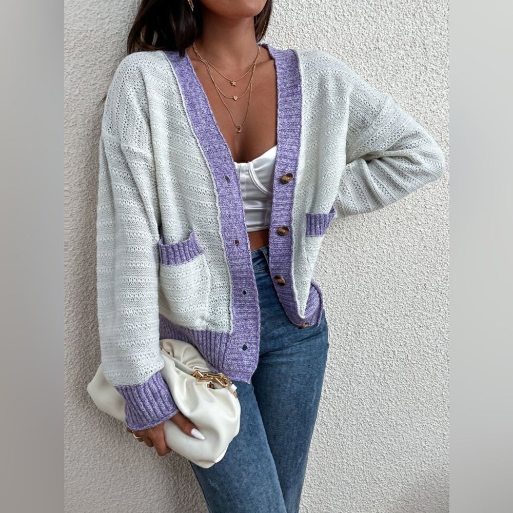 Madewell Purple And White Knit Cardigan Sweater Size XXS